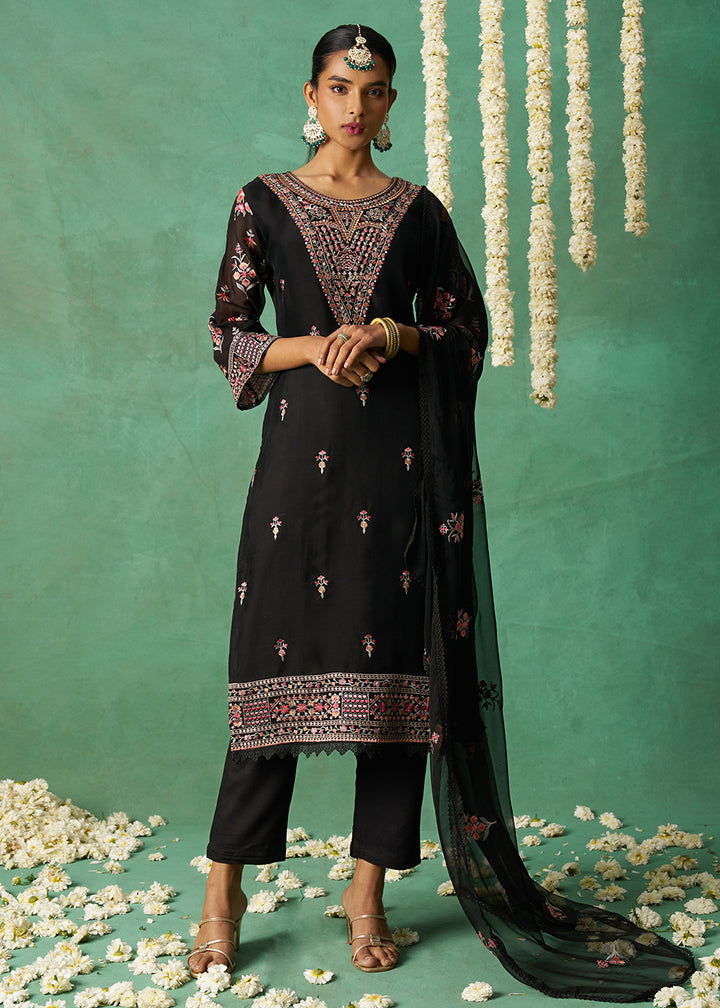 Buy Now Pure Organza Black Finest Embroidered Pant Style Salwar Suit Online in USA, UK, Canada, Germany, Italy, UAE & Worldwide at Empress Clothing. 