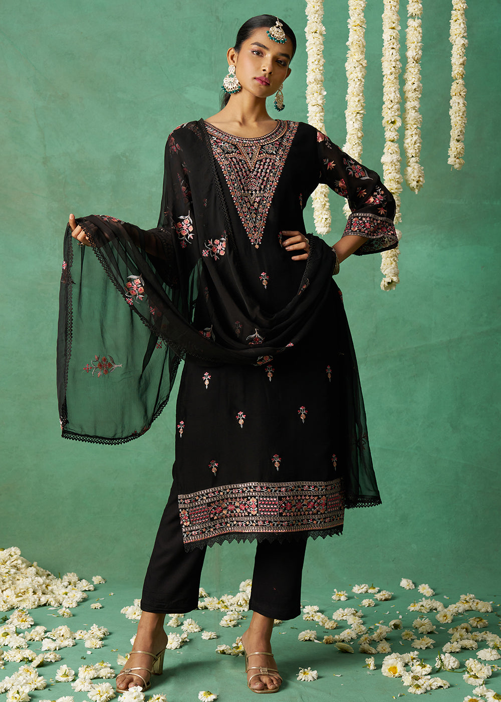Buy Now Pure Organza Black Finest Embroidered Pant Style Salwar Suit Online in USA, UK, Canada, Germany, Italy, UAE & Worldwide at Empress Clothing. 