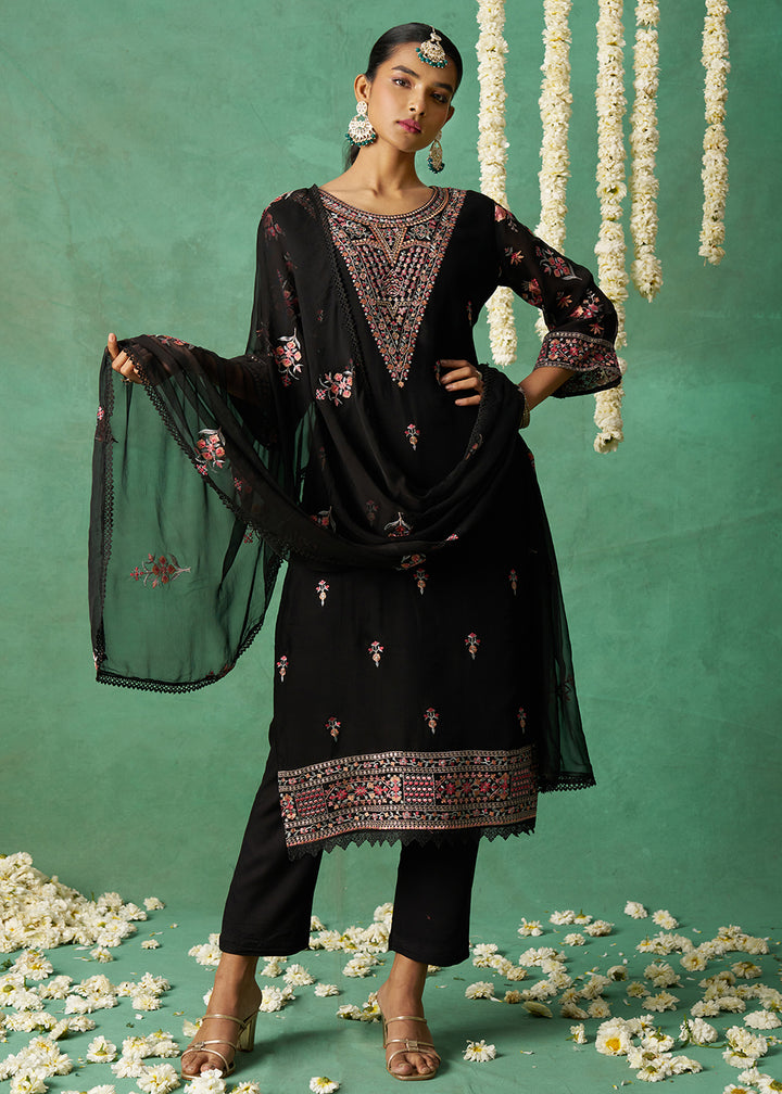 Buy Now Pure Organza Black Finest Embroidered Pant Style Salwar Suit Online in USA, UK, Canada, Germany, Italy, UAE & Worldwide at Empress Clothing. 