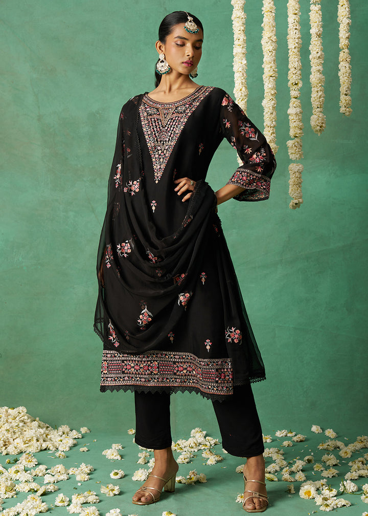 Buy Now Pure Organza Black Finest Embroidered Pant Style Salwar Suit Online in USA, UK, Canada, Germany, Italy, UAE & Worldwide at Empress Clothing. 