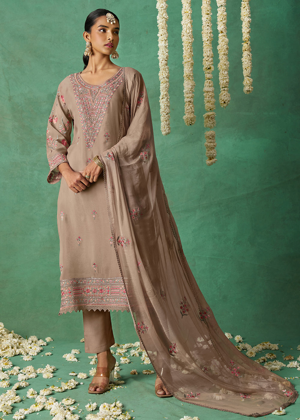 Buy Now Pure Organza Beige Finest Embroidered Pant Style Salwar Suit Online in USA, UK, Canada, Germany, Italy, UAE & Worldwide at Empress Clothing.