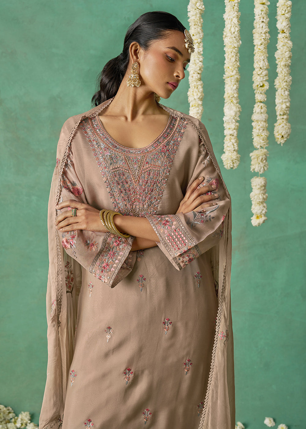 Buy Now Pure Organza Beige Finest Embroidered Pant Style Salwar Suit Online in USA, UK, Canada, Germany, Italy, UAE & Worldwide at Empress Clothing.