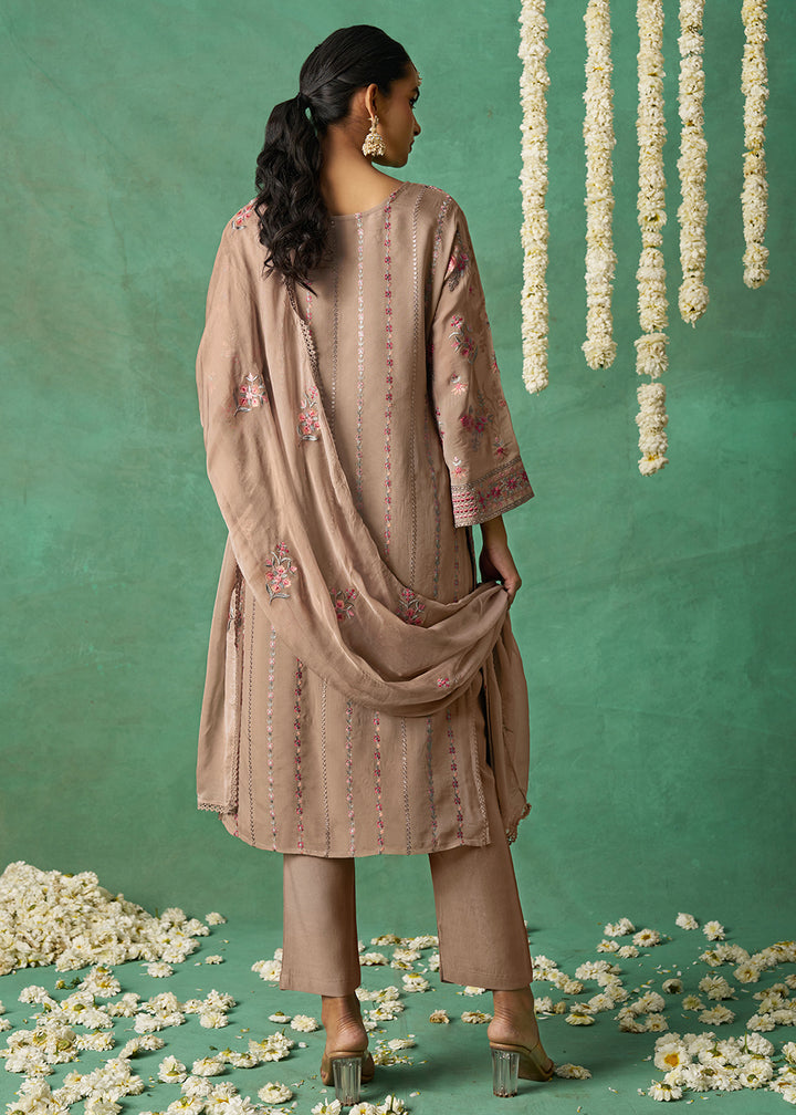 Buy Now Pure Organza Beige Finest Embroidered Pant Style Salwar Suit Online in USA, UK, Canada, Germany, Italy, UAE & Worldwide at Empress Clothing.