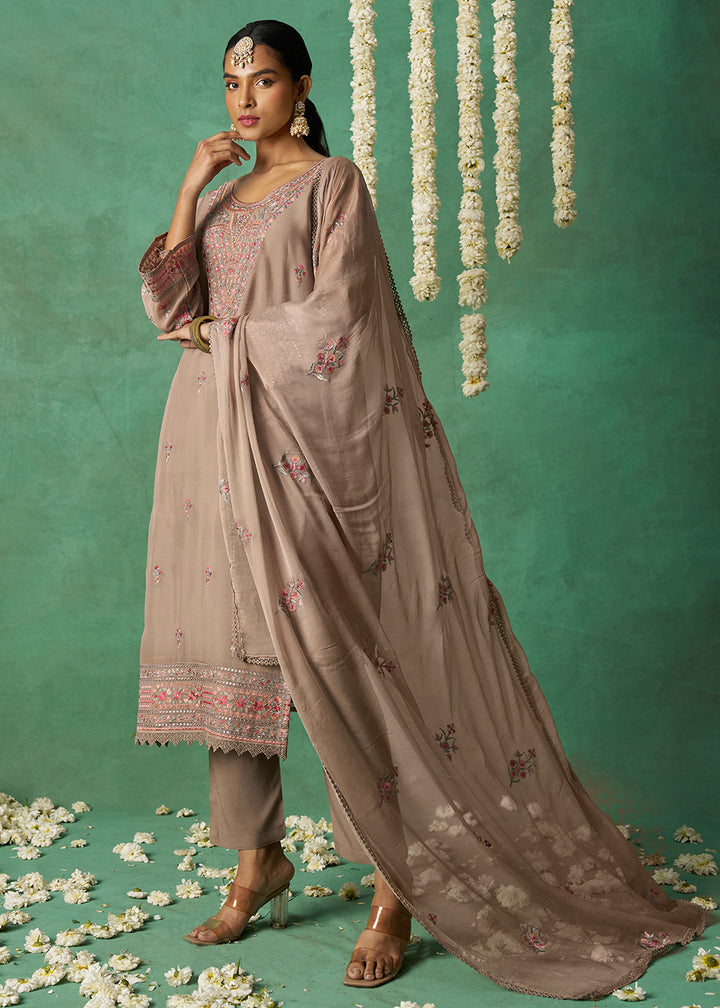 Buy Now Pure Organza Beige Finest Embroidered Pant Style Salwar Suit Online in USA, UK, Canada, Germany, Italy, UAE & Worldwide at Empress Clothing.