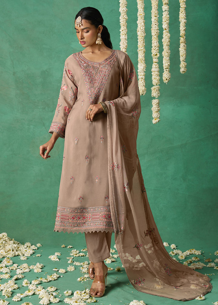 Buy Now Pure Organza Beige Finest Embroidered Pant Style Salwar Suit Online in USA, UK, Canada, Germany, Italy, UAE & Worldwide at Empress Clothing.