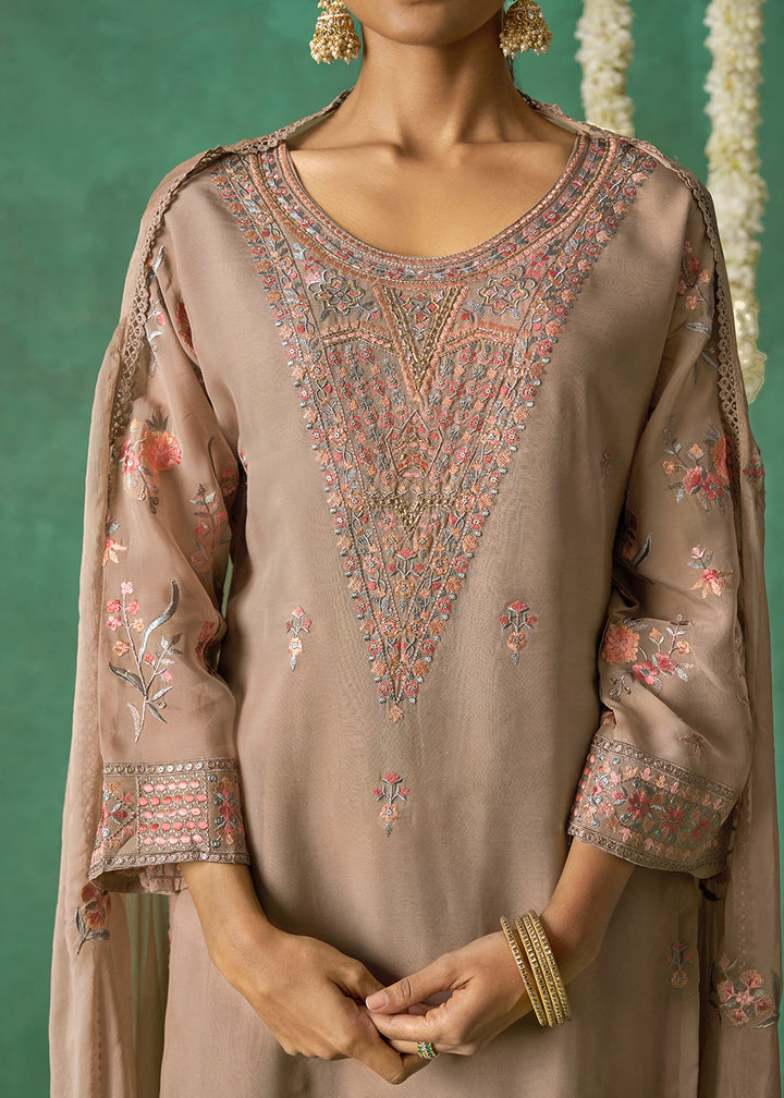 Buy Now Pure Organza Beige Finest Embroidered Pant Style Salwar Suit Online in USA, UK, Canada, Germany, Italy, UAE & Worldwide at Empress Clothing.