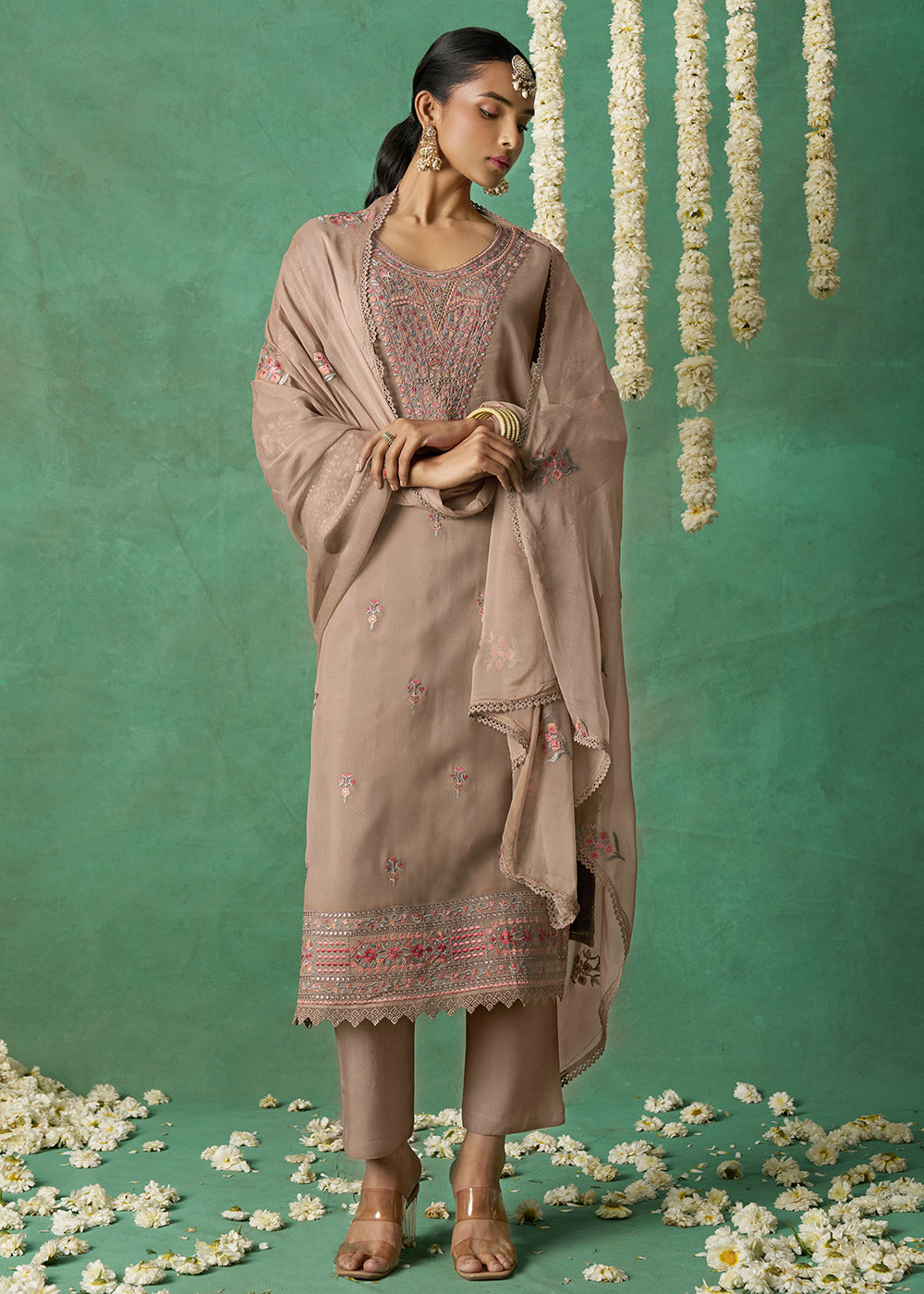 Pure Organza Beige Finest Embroidered Pant Style Salwer Suit