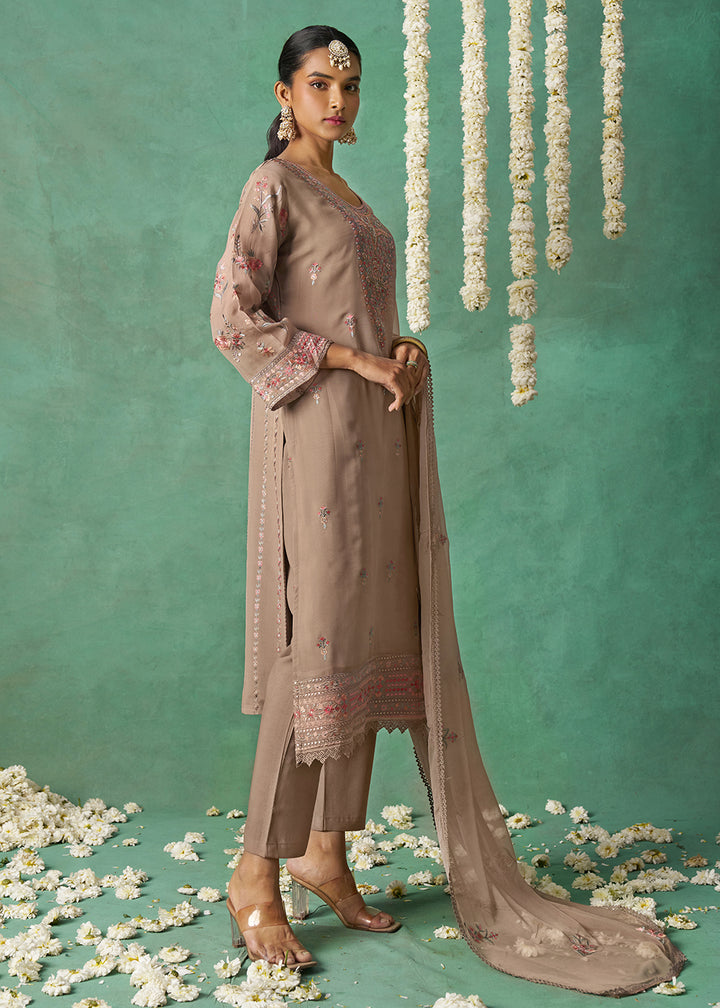 Buy Now Pure Organza Beige Finest Embroidered Pant Style Salwar Suit Online in USA, UK, Canada, Germany, Italy, UAE & Worldwide at Empress Clothing.