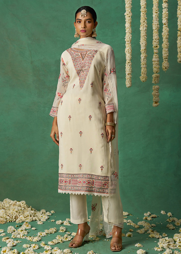 Buy Now Pure Organza Off White Finest Embroidered Pant Style Salwar Suit Online in USA, UK, Canada, Germany, Italy, UAE & Worldwide at Empress Clothing.