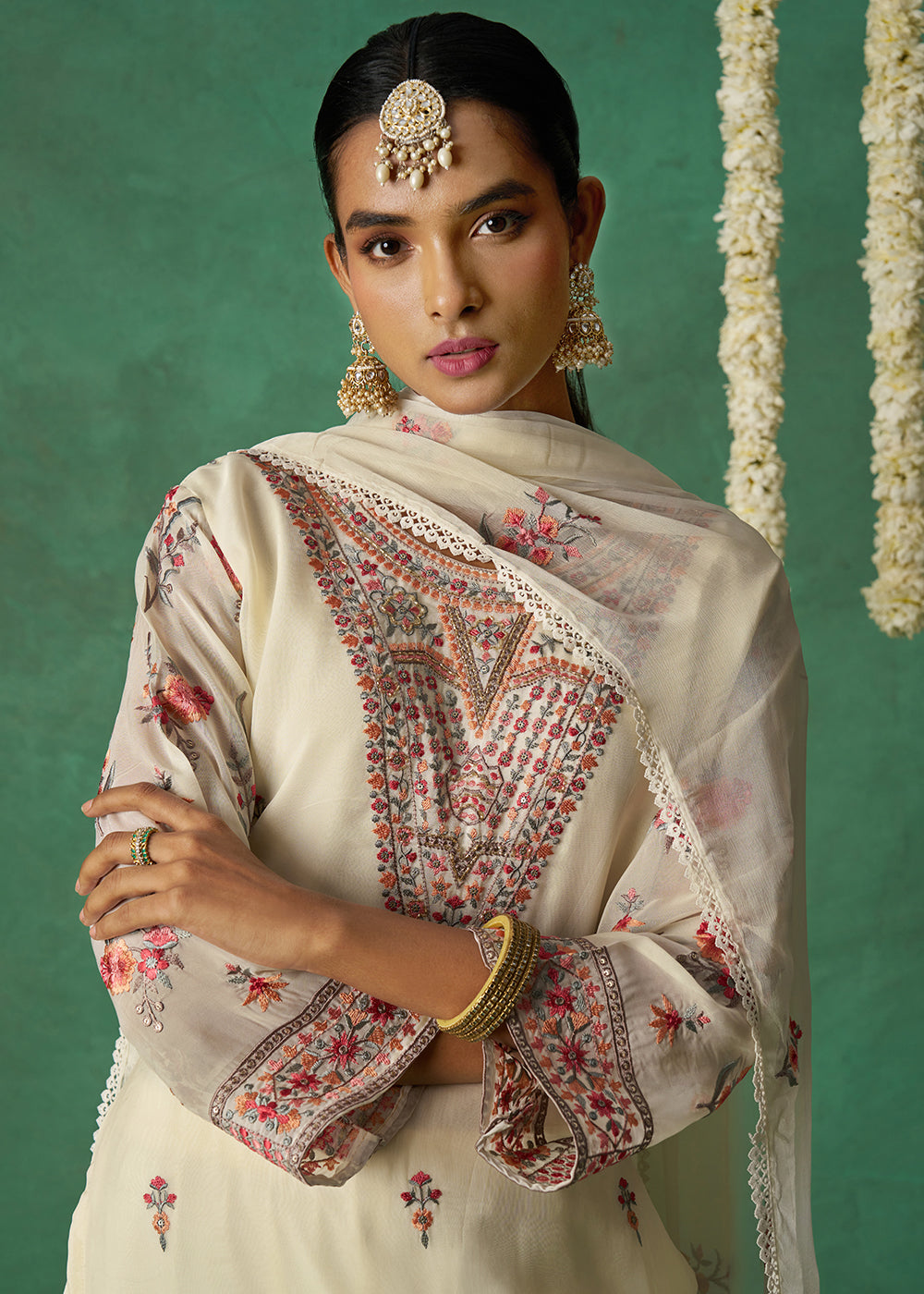 Buy Now Pure Organza Off White Finest Embroidered Pant Style Salwar Suit Online in USA, UK, Canada, Germany, Italy, UAE & Worldwide at Empress Clothing.