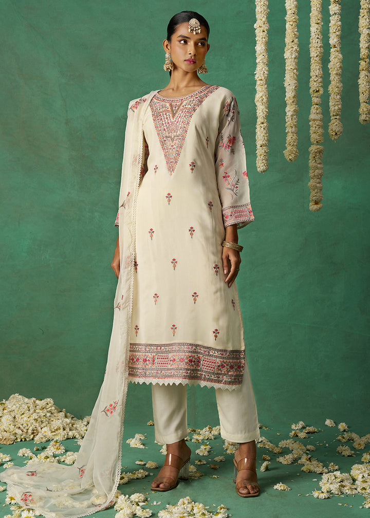Buy Now Pure Organza Off White Finest Embroidered Pant Style Salwar Suit Online in USA, UK, Canada, Germany, Italy, UAE & Worldwide at Empress Clothing.