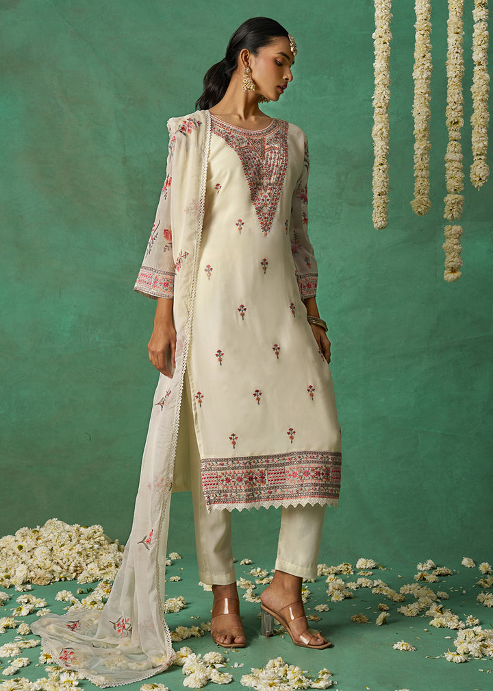 Buy Now Pure Organza Off White Finest Embroidered Pant Style Salwar Suit Online in USA, UK, Canada, Germany, Italy, UAE & Worldwide at Empress Clothing.