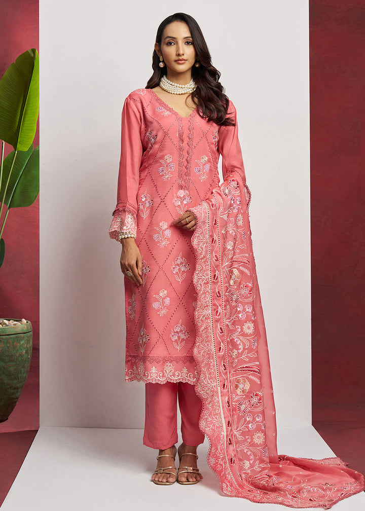 Buy Now Pure Organza Peach Embroidered Eid Festive Salwar Suit Online in USA, UK, Canada, Germany, Italy, UAE, France & Worldwide at Empress Clothing.