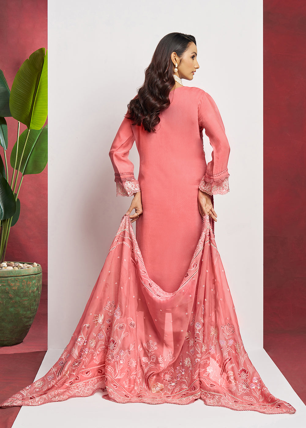 Buy Now Pure Organza Peach Embroidered Eid Festive Salwar Suit Online in USA, UK, Canada, Germany, Italy, UAE, France & Worldwide at Empress Clothing.