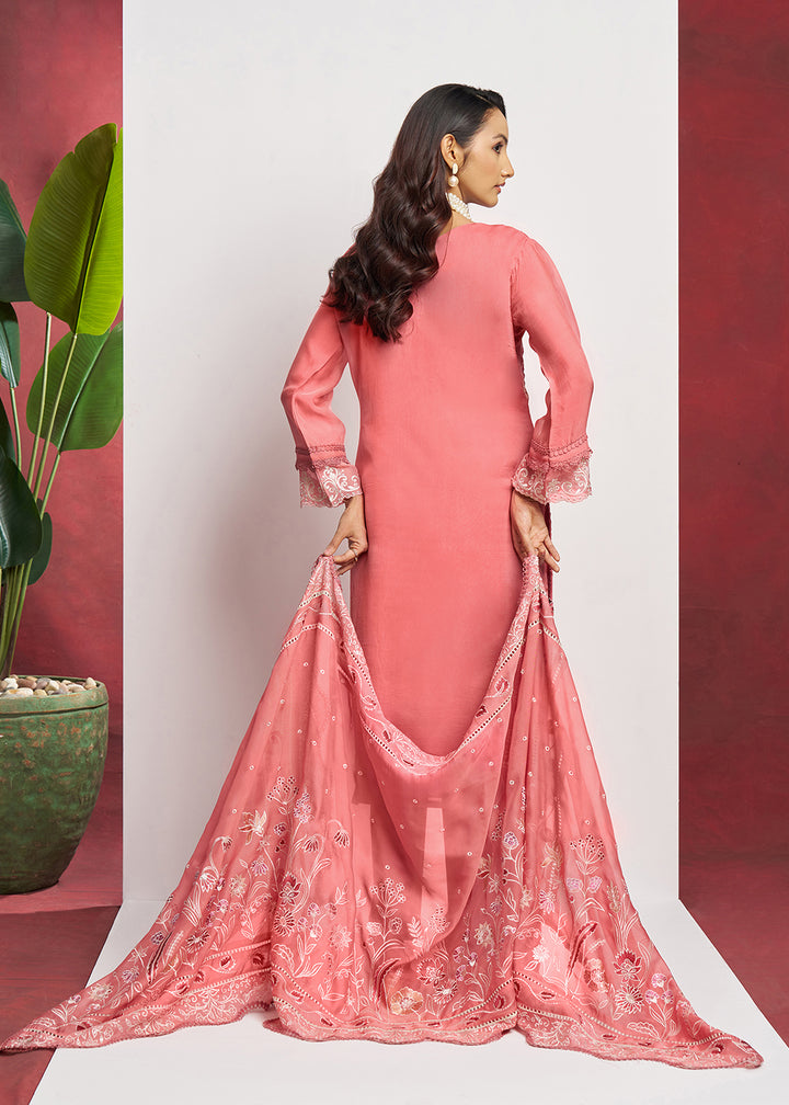 Buy Now Pure Organza Peach Embroidered Eid Festive Salwar Suit Online in USA, UK, Canada, Germany, Italy, UAE, France & Worldwide at Empress Clothing.