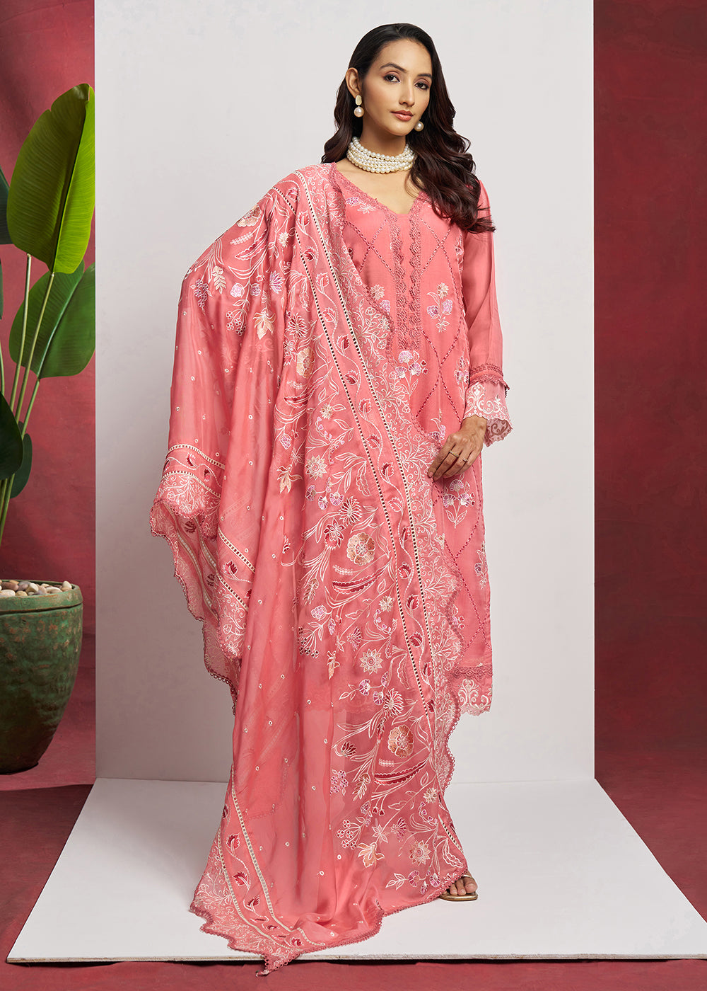 Buy Now Pure Organza Peach Embroidered Eid Festive Salwar Suit Online in USA, UK, Canada, Germany, Italy, UAE, France & Worldwide at Empress Clothing.