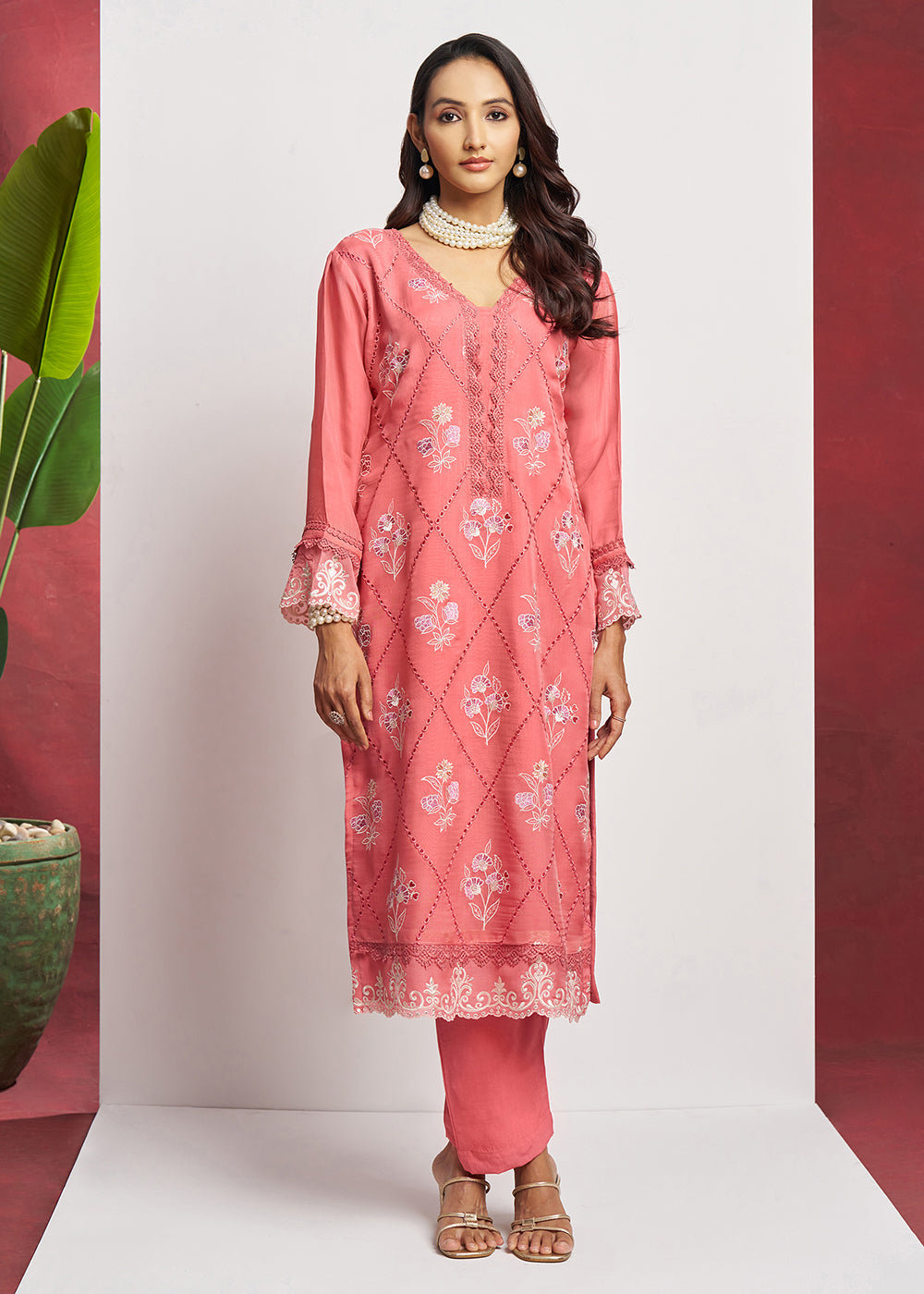 Buy Now Pure Organza Peach Embroidered Eid Festive Salwar Suit Online in USA, UK, Canada, Germany, Italy, UAE, France & Worldwide at Empress Clothing.
