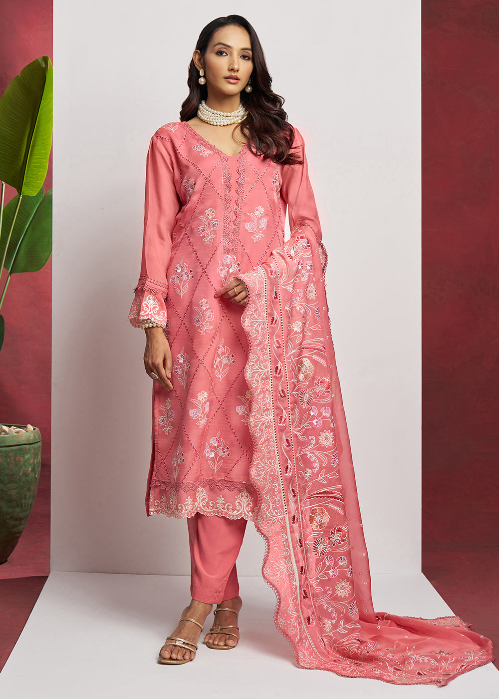 Buy Now Pure Organza Peach Embroidered Eid Festive Salwar Suit Online in USA, UK, Canada, Germany, Italy, UAE, France & Worldwide at Empress Clothing.