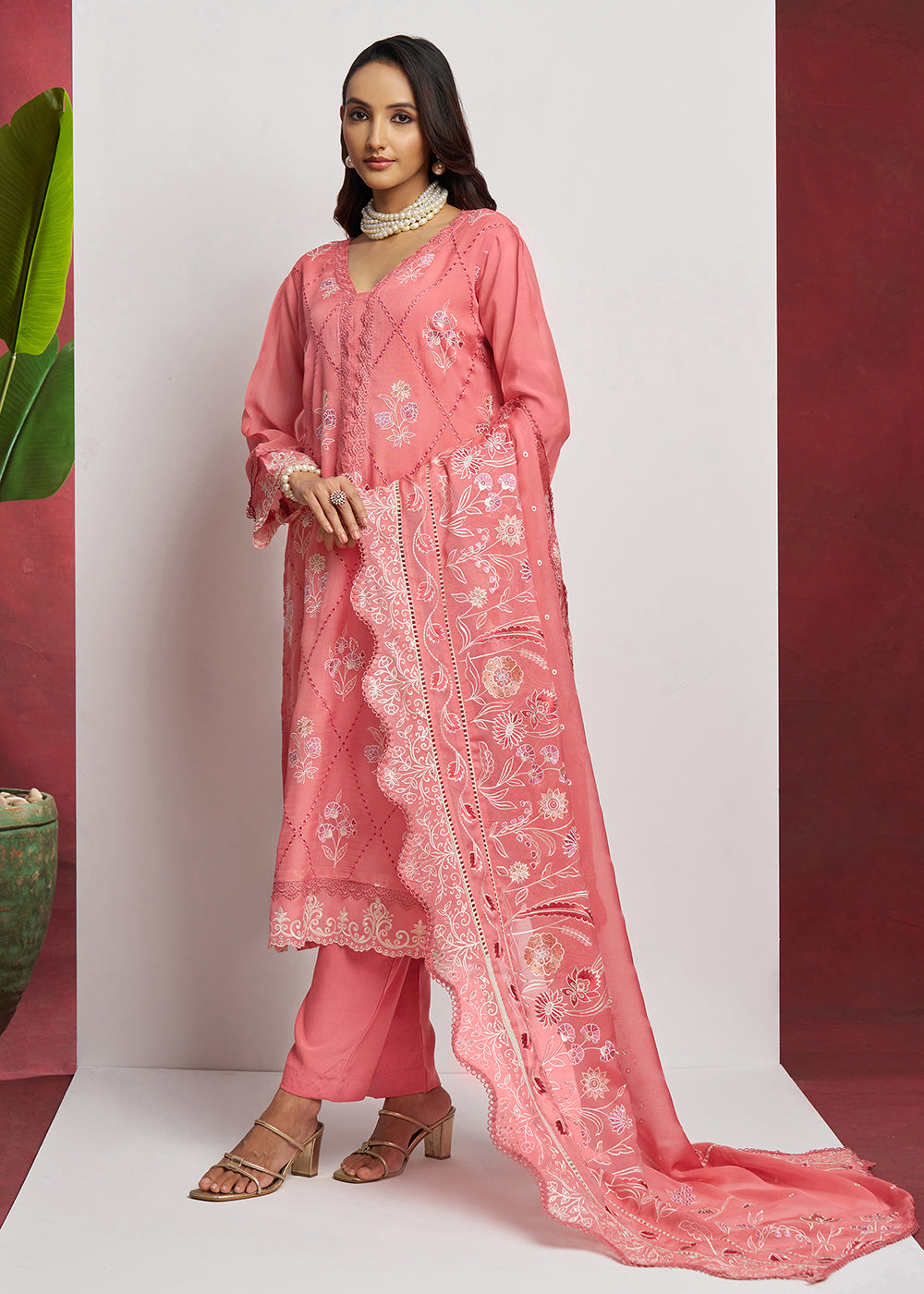 Buy Now Pure Organza Peach Embroidered Eid Festive Salwar Suit Online in USA, UK, Canada, Germany, Italy, UAE, France & Worldwide at Empress Clothing.