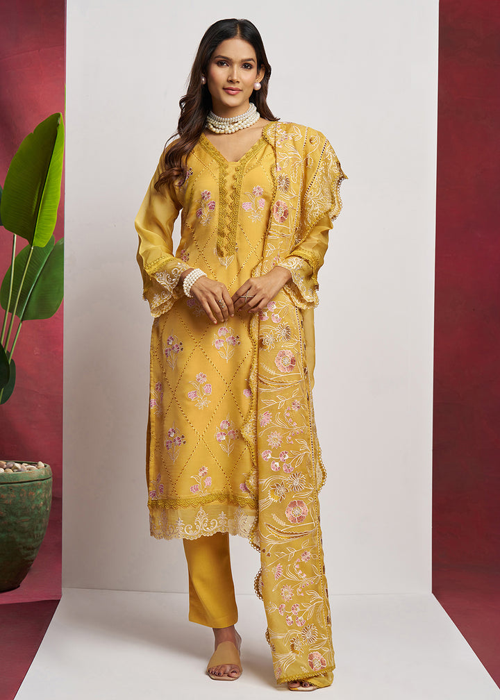 Buy Now Pure Organza Yellow Embroidered Eid Festive Salwar Suit Online in USA, UK, Canada, Germany, Italy, UAE, France & Worldwide at Empress Clothing. 
