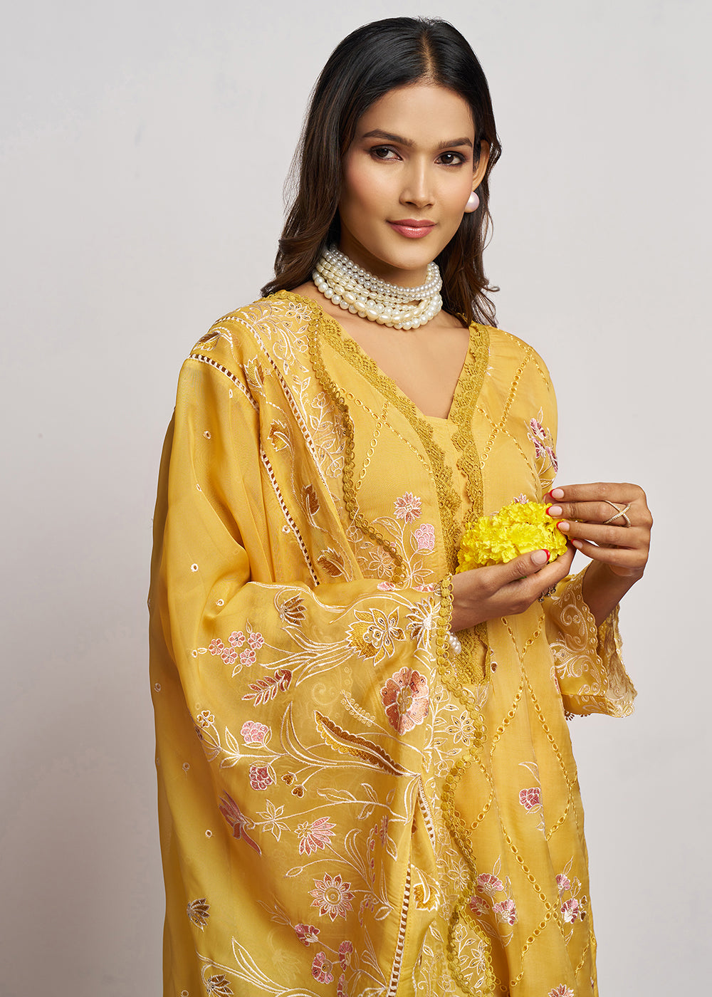 Buy Now Pure Organza Yellow Embroidered Eid Festive Salwar Suit Online in USA, UK, Canada, Germany, Italy, UAE, France & Worldwide at Empress Clothing. 