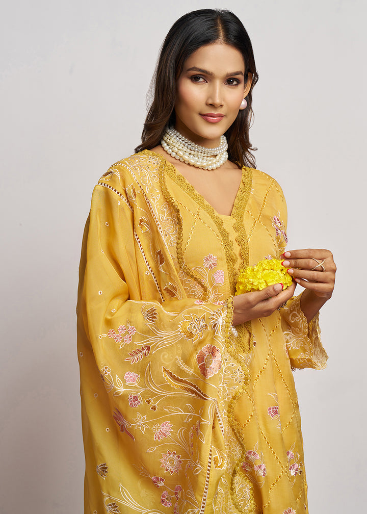 Buy Now Pure Organza Yellow Embroidered Eid Festive Salwar Suit Online in USA, UK, Canada, Germany, Italy, UAE, France & Worldwide at Empress Clothing. 