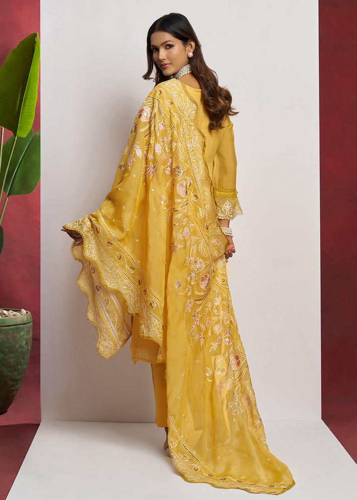 Buy Now Pure Organza Yellow Embroidered Eid Festive Salwar Suit Online in USA, UK, Canada, Germany, Italy, UAE, France & Worldwide at Empress Clothing. 