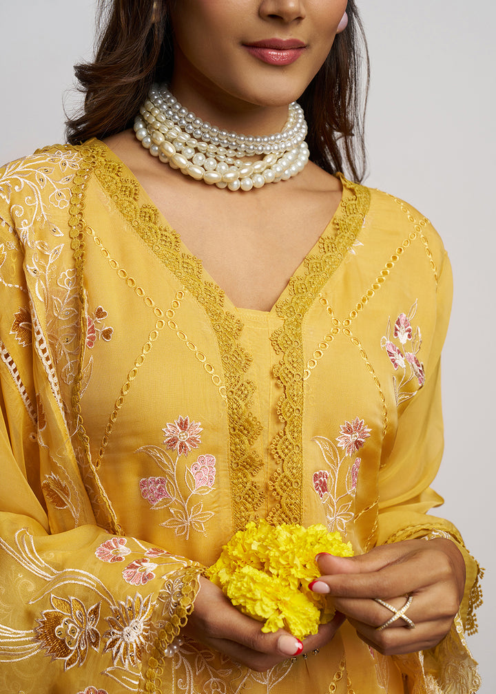 Buy Now Pure Organza Yellow Embroidered Eid Festive Salwar Suit Online in USA, UK, Canada, Germany, Italy, UAE, France & Worldwide at Empress Clothing. 