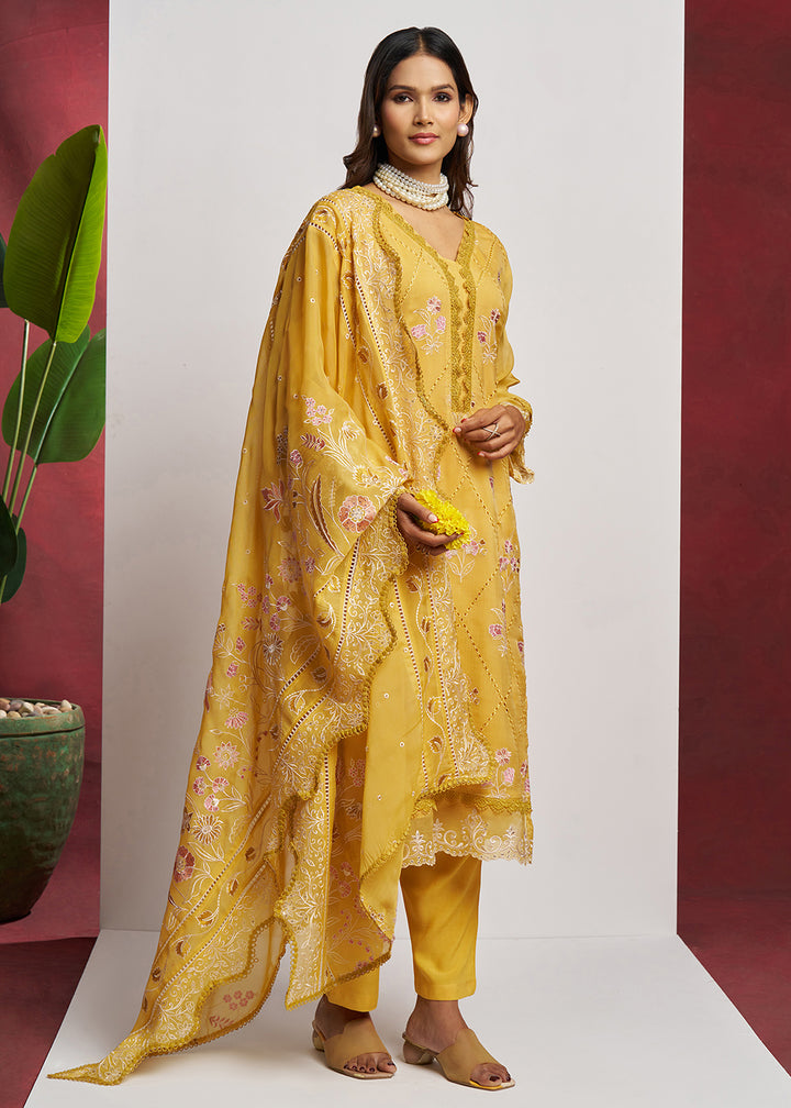 Buy Now Pure Organza Yellow Embroidered Eid Festive Salwar Suit Online in USA, UK, Canada, Germany, Italy, UAE, France & Worldwide at Empress Clothing. 