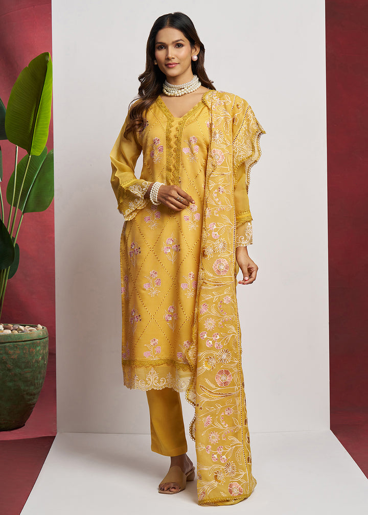 Buy Now Pure Organza Yellow Embroidered Eid Festive Salwar Suit Online in USA, UK, Canada, Germany, Italy, UAE, France & Worldwide at Empress Clothing. 