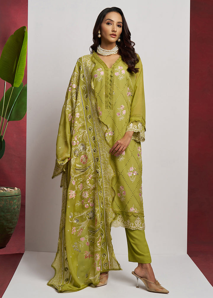 Buy Now Pure Organza Green Embroidered Eid Festive Salwar Suit Online in USA, UK, Canada, Germany, Italy, UAE, France & Worldwide at Empress Clothing.