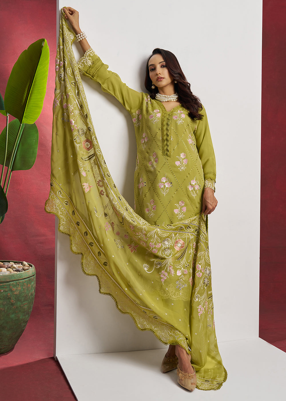 Buy Now Pure Organza Green Embroidered Eid Festive Salwar Suit Online in USA, UK, Canada, Germany, Italy, UAE, France & Worldwide at Empress Clothing.