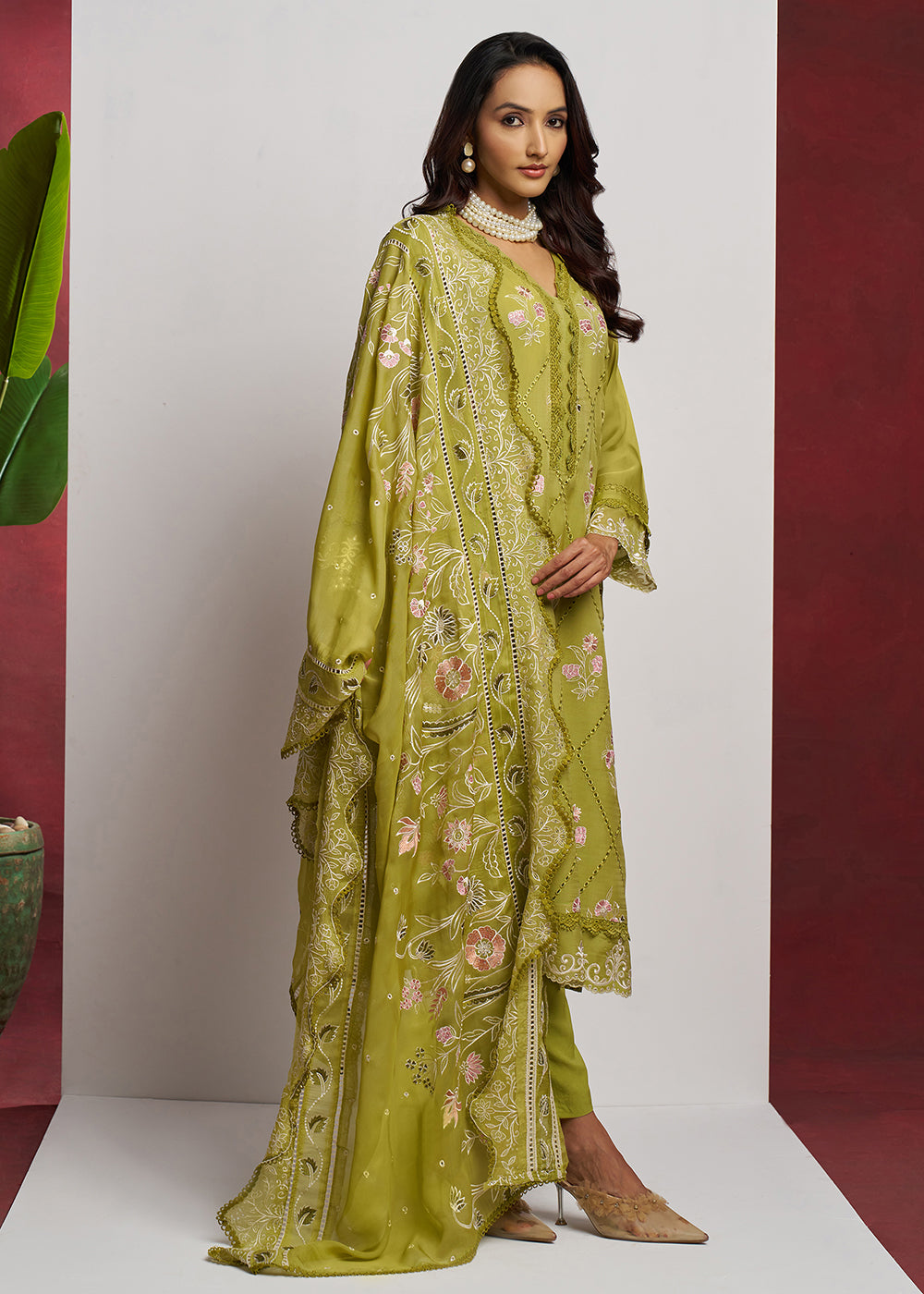 Buy Now Pure Organza Green Embroidered Eid Festive Salwar Suit Online in USA, UK, Canada, Germany, Italy, UAE, France & Worldwide at Empress Clothing.
