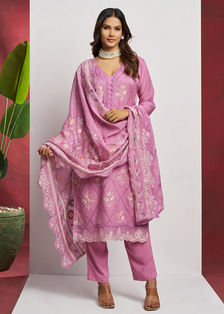 Buy Now Pure Organza Pink Embroidered Eid Festive Salwar Suit Online in USA, UK, Canada, Germany, Italy, UAE, France & Worldwide at Empress Clothing.