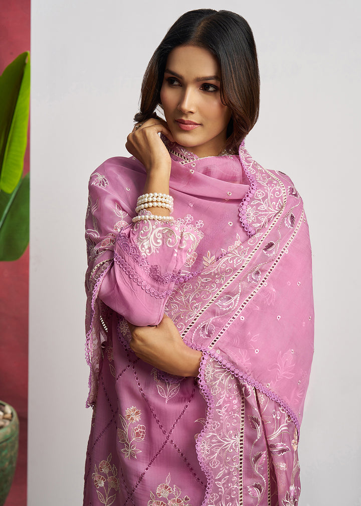 Buy Now Pure Organza Pink Embroidered Eid Festive Salwar Suit Online in USA, UK, Canada, Germany, Italy, UAE, France & Worldwide at Empress Clothing.
