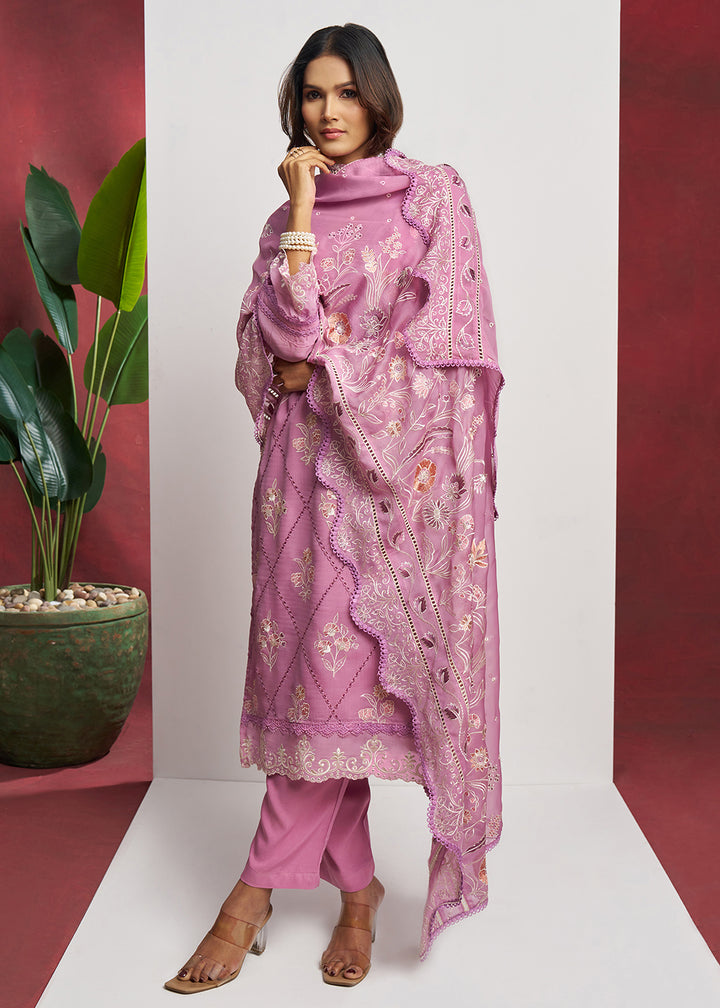 Buy Now Pure Organza Pink Embroidered Eid Festive Salwar Suit Online in USA, UK, Canada, Germany, Italy, UAE, France & Worldwide at Empress Clothing.
