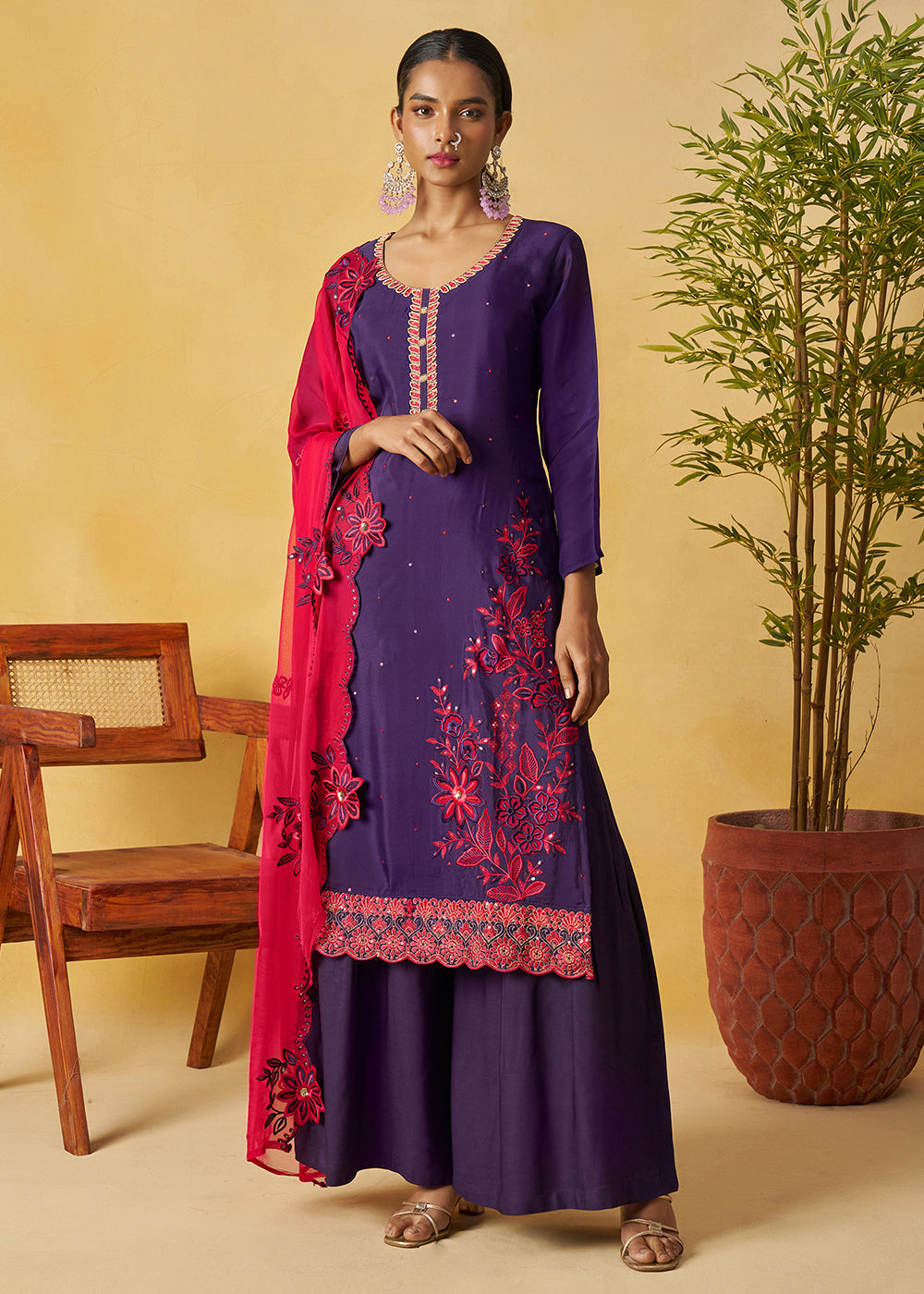 Buy Now Eggplant Purple Kurta Style Palazzo Style Suit Online in Newark, Yorktown, Toronto, London, Orlando, Munich, Chicago, Utah & Worldwide at Empress.