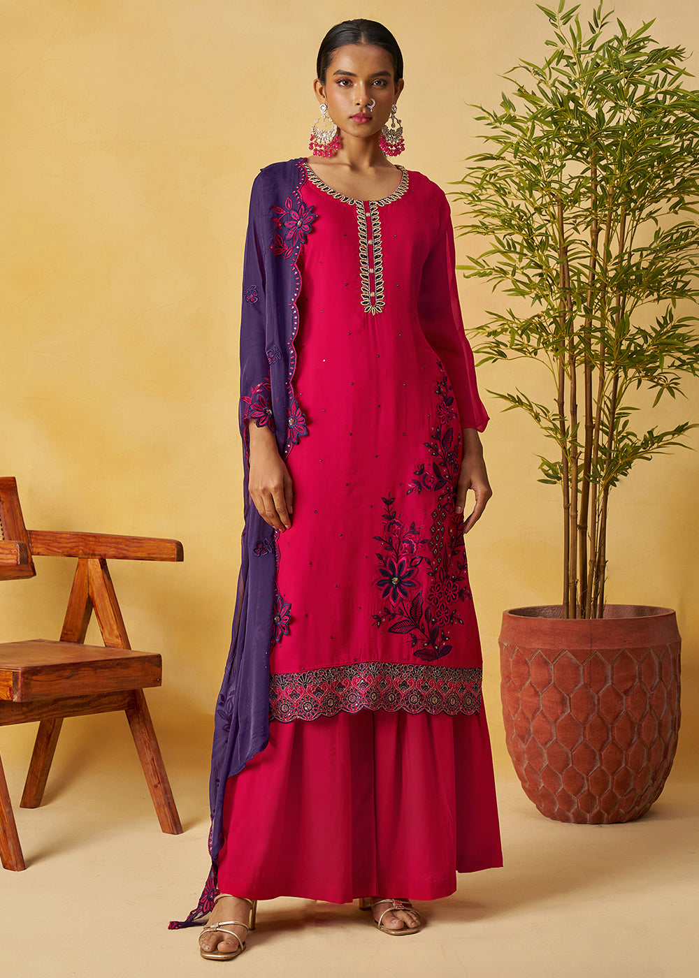 Buy Now Raspberry Pink Kurta Style Palazzo Style Suit Online in Newark, Yorktown, Toronto, London, Orlando, Munich, Chicago, Utah & Worldwide at Empress.