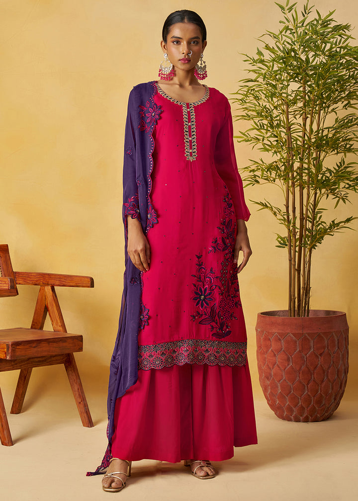 Buy Now Raspberry Pink Kurta Style Palazzo Style Suit Online in Newark, Yorktown, Toronto, London, Orlando, Munich, Chicago, Utah & Worldwide at Empress.
