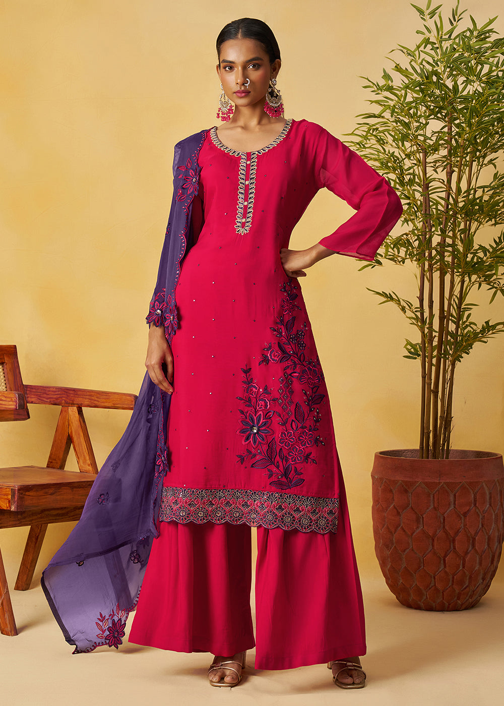 Buy Now Raspberry Pink Kurta Style Palazzo Style Suit Online in Newark, Yorktown, Toronto, London, Orlando, Munich, Chicago, Utah & Worldwide at Empress.