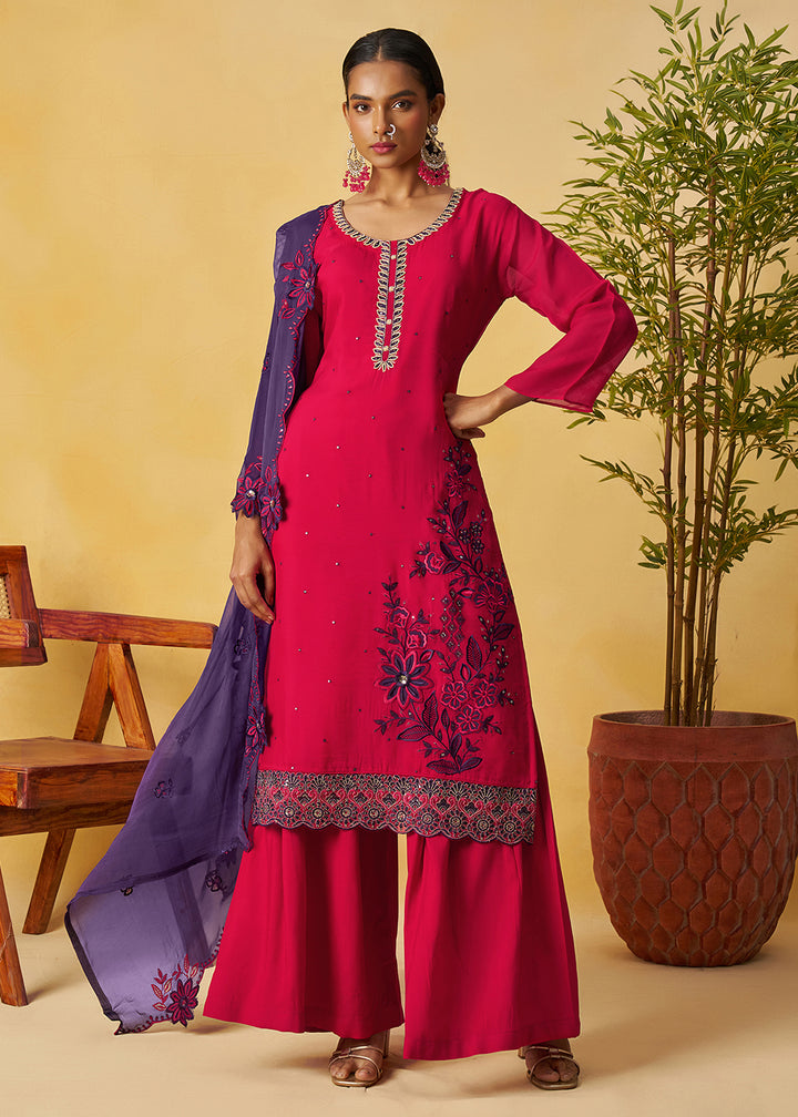 Buy Now Raspberry Pink Kurta Style Palazzo Style Suit Online in Newark, Yorktown, Toronto, London, Orlando, Munich, Chicago, Utah & Worldwide at Empress.