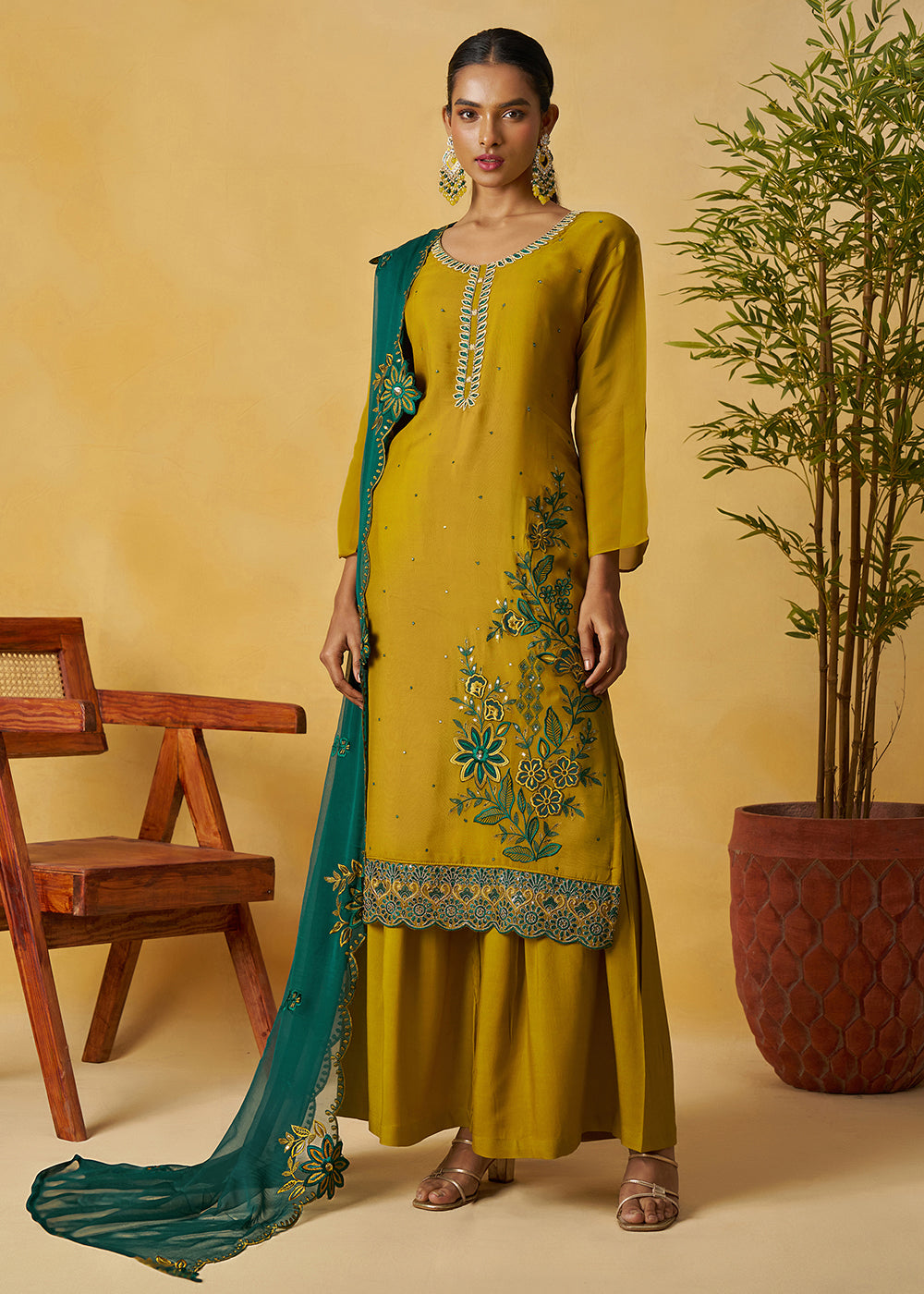 Buy Now Mustard Kurta Style Palazzo Style Suit Online in Newark, Yorktown, Toronto, London, Orlando, Munich, Chicago, Utah & Worldwide at Empress.