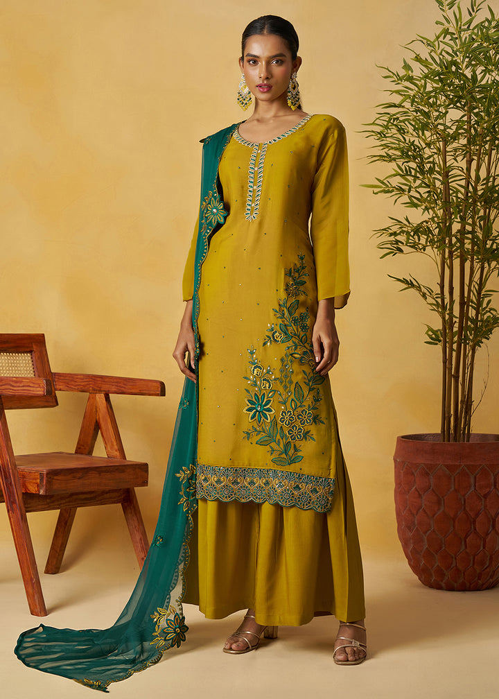 Buy Now Mustard Kurta Style Palazzo Style Suit Online in Newark, Yorktown, Toronto, London, Orlando, Munich, Chicago, Utah & Worldwide at Empress.