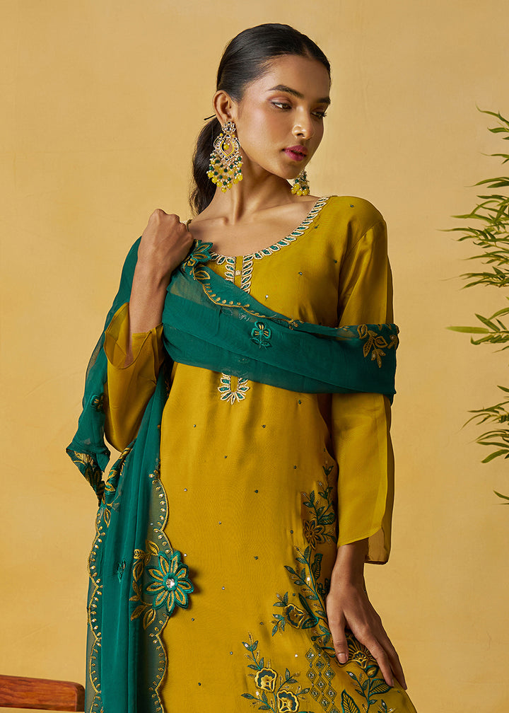 Buy Now Mustard Kurta Style Palazzo Style Suit Online in Newark, Yorktown, Toronto, London, Orlando, Munich, Chicago, Utah & Worldwide at Empress.