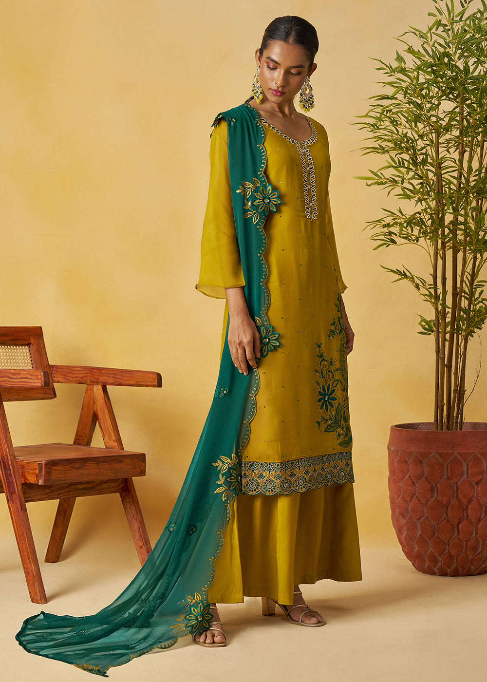 Buy Now Mustard Kurta Style Palazzo Style Suit Online in Newark, Yorktown, Toronto, London, Orlando, Munich, Chicago, Utah & Worldwide at Empress.