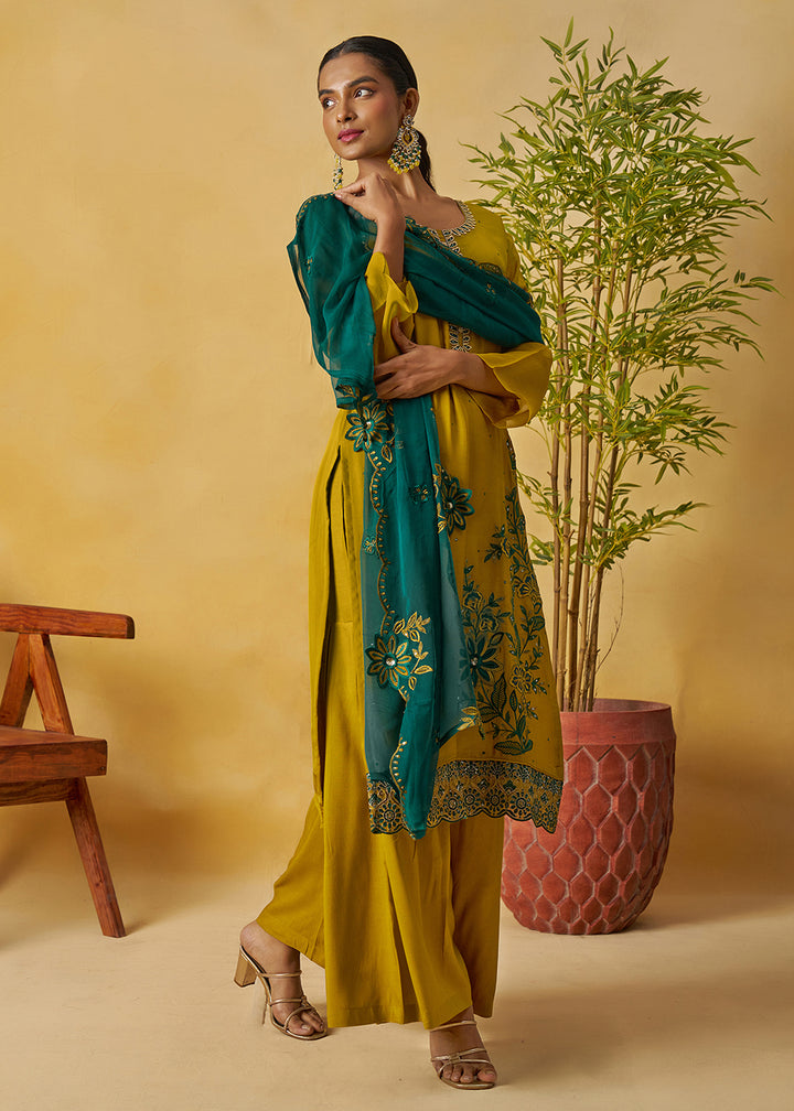 Buy Now Mustard Kurta Style Palazzo Style Suit Online in Newark, Yorktown, Toronto, London, Orlando, Munich, Chicago, Utah & Worldwide at Empress.