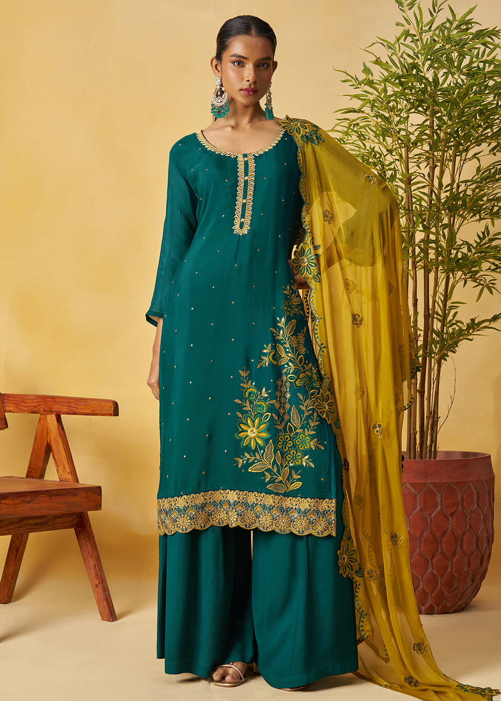 Buy Now Rama Green Kurta Style Palazzo Style Suit Online in Newark, Yorktown, Toronto, London, Orlando, Munich, Chicago, Utah, New York & Worldwide at Empress.