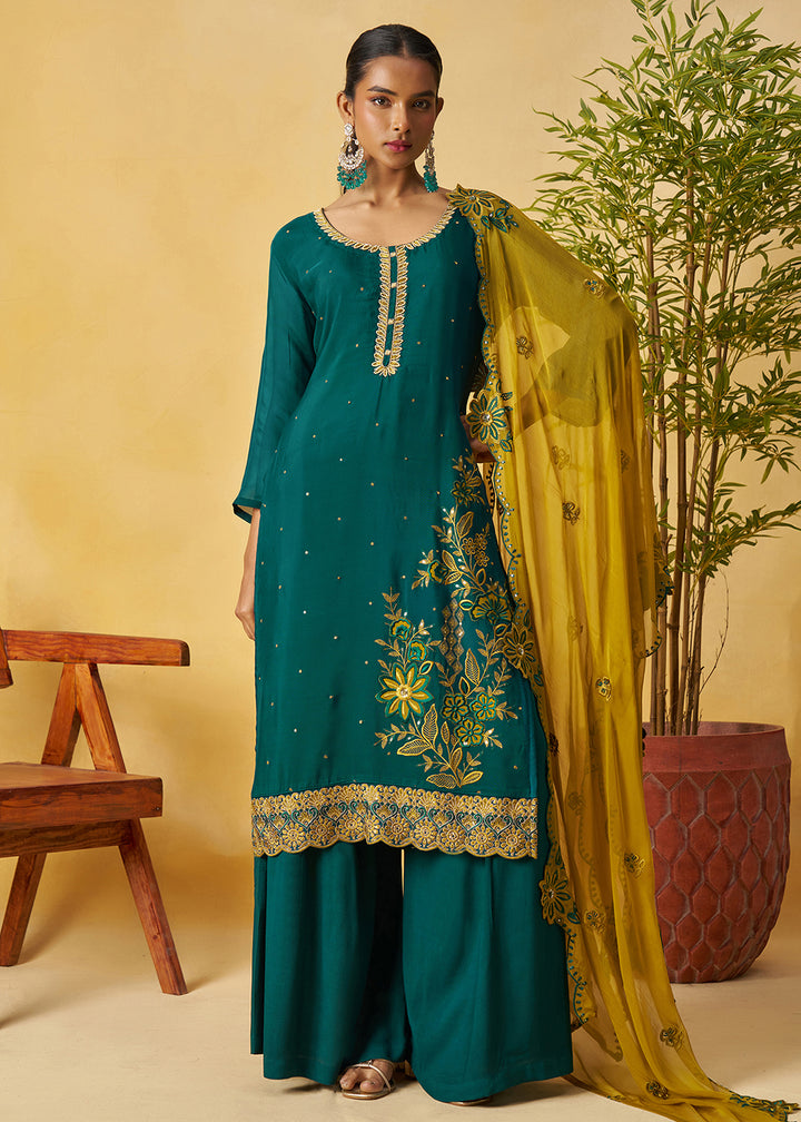 Buy Now Rama Green Kurta Style Palazzo Style Suit Online in Newark, Yorktown, Toronto, London, Orlando, Munich, Chicago, Utah, New York & Worldwide at Empress.