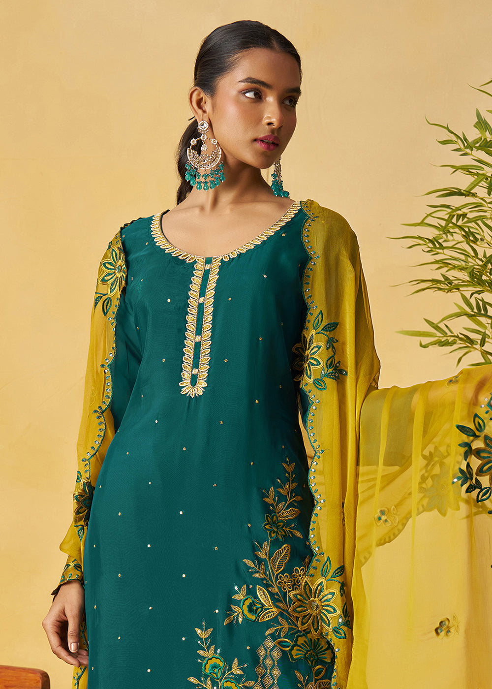 Buy Now Rama Green Kurta Style Palazzo Style Suit Online in Newark, Yorktown, Toronto, London, Orlando, Munich, Chicago, Utah, New York & Worldwide at Empress.