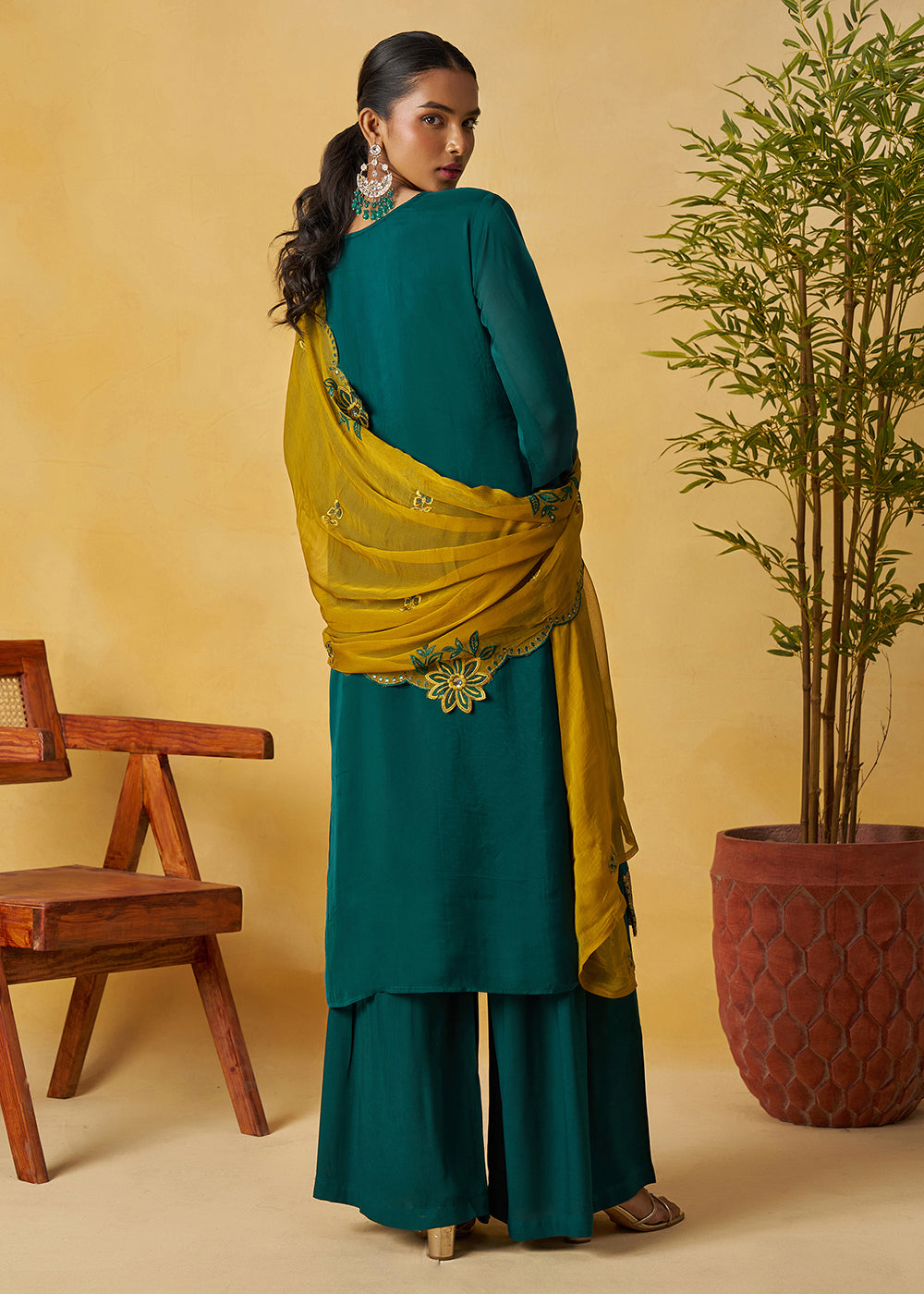 Buy Now Rama Green Kurta Style Palazzo Style Suit Online in Newark, Yorktown, Toronto, London, Orlando, Munich, Chicago, Utah, New York & Worldwide at Empress.